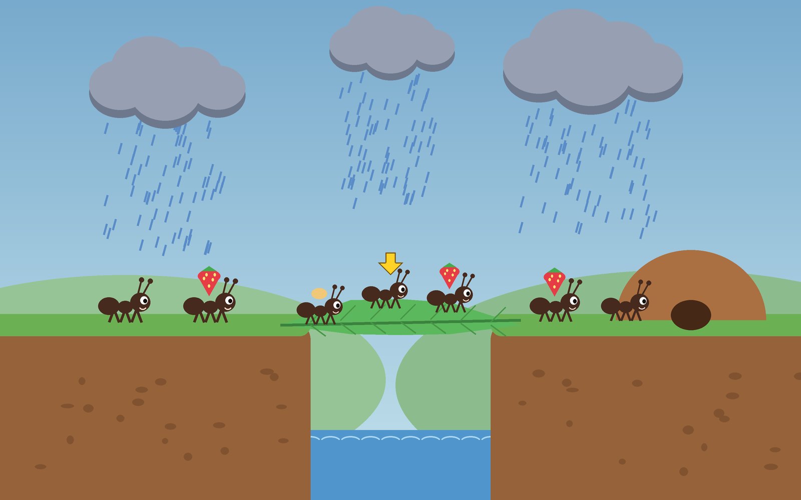 Ant Colony — friendly ants carrying strawberries across a leaf bridge under rain clouds