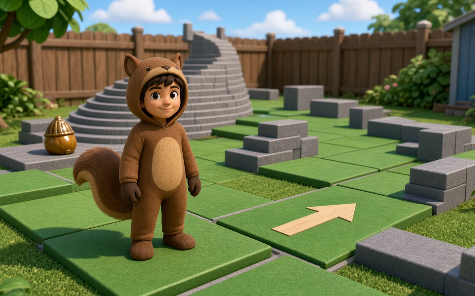 Squirrel Nut Course — player in wearable squirrel suit on backyard course