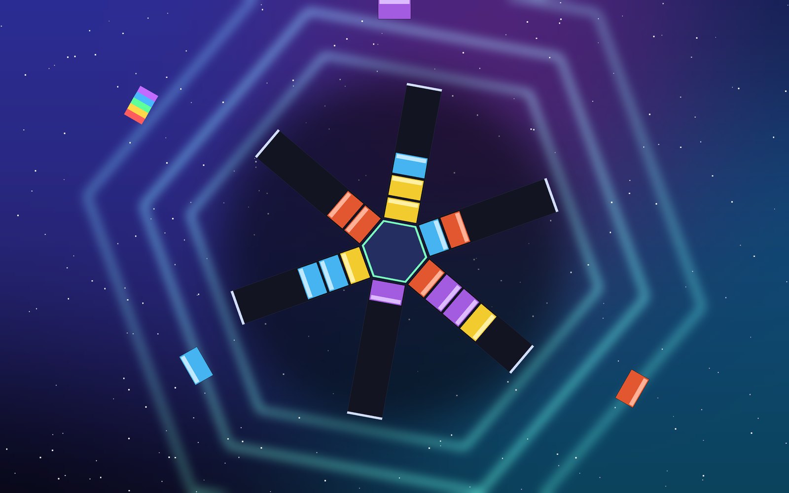 Spin Stack — colored blocks stacking on a glowing spinning hexagon